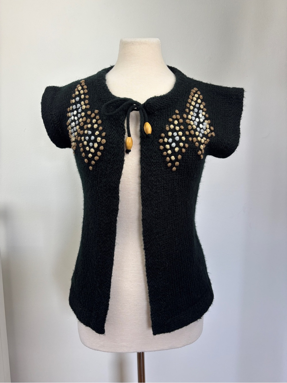 Vintage Darn Knit Open Cardigan Sweater Black Diamond Womens M Boho Retro 70s